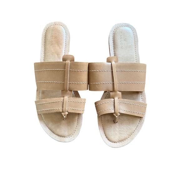 Caslon Shoes - Caslon Womens Tan Leather T-Strap Slide Sandals Contrast Stitch Flat Size 9M
